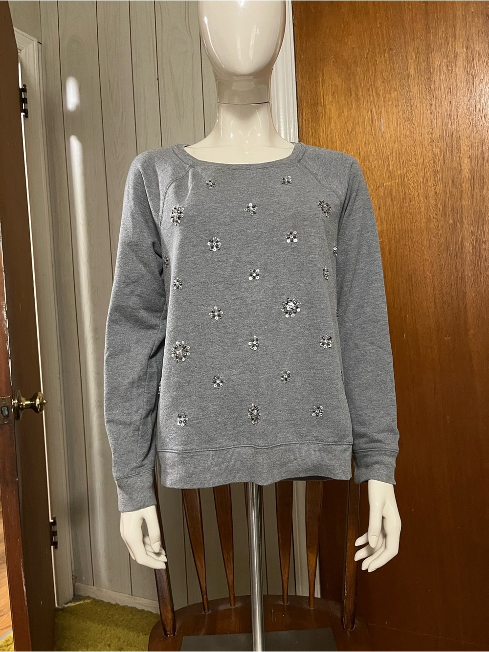 Apt. 9 Grey Crewneck Sweater with Crystal Floral Accents